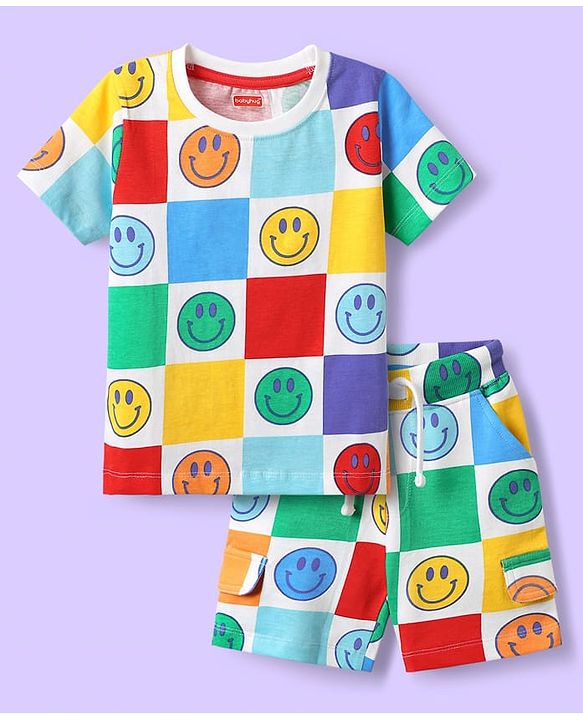 Babyhug Single Jersey Knit Half Sleeves T-Shirt & Shorts Co-ord Set with Smiley Print - White