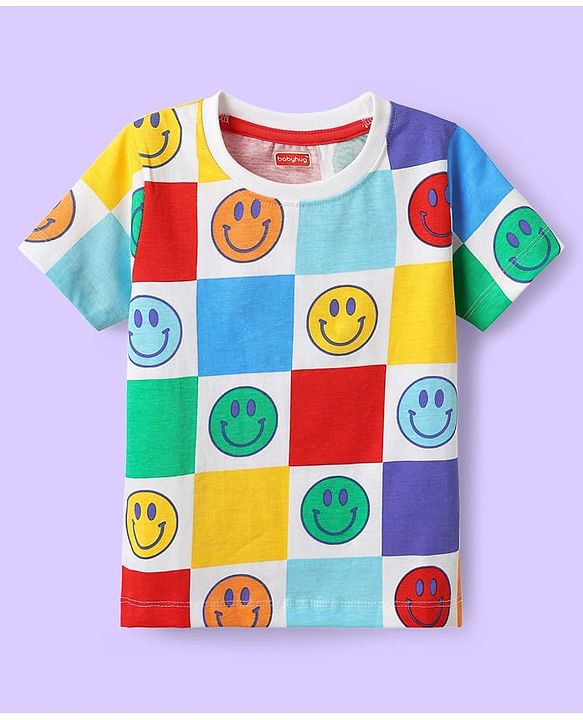 Babyhug Single Jersey Knit Half Sleeves T-Shirt & Shorts Co-ord Set with Smiley Print - White