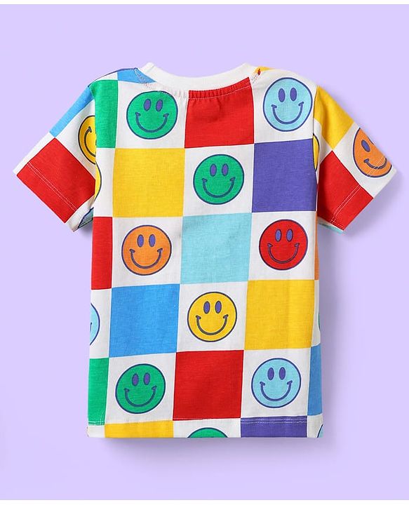 Babyhug Single Jersey Knit Half Sleeves T-Shirt & Shorts Co-ord Set with Smiley Print - White