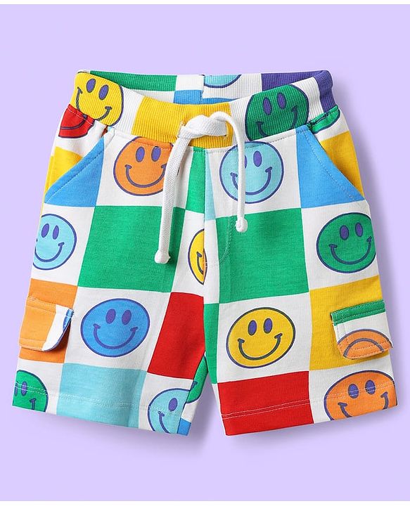 Babyhug Single Jersey Knit Half Sleeves T-Shirt & Shorts Co-ord Set with Smiley Print - White