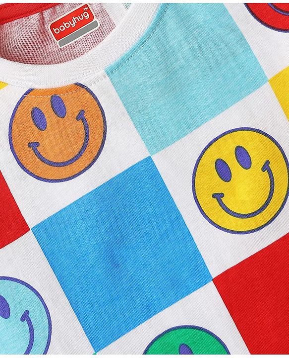 Babyhug Single Jersey Knit Half Sleeves T-Shirt & Shorts Co-ord Set with Smiley Print - White