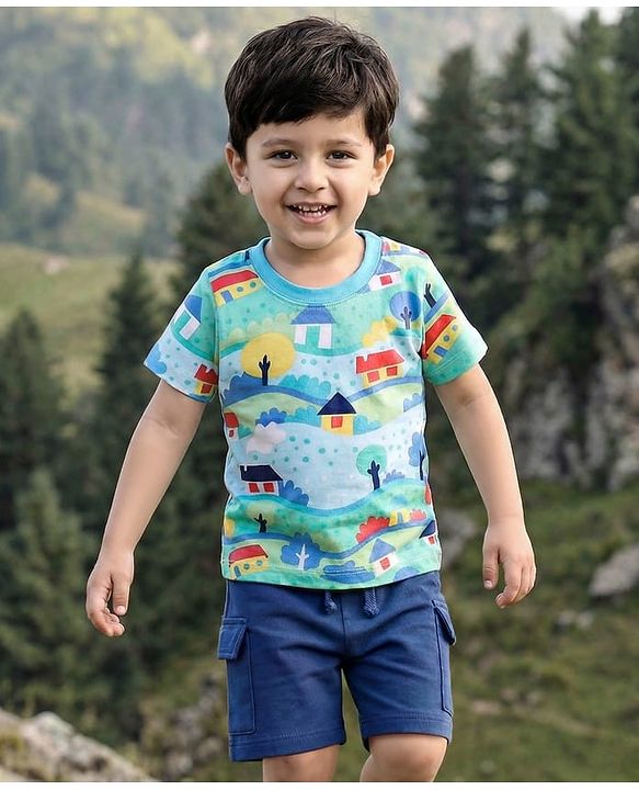 Babyhug Single Jersey Knit Half Sleeves Printed T-Shirt & Shorts Set - Blue