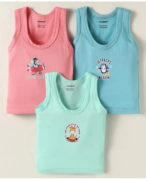 Buy Cucumber Sinker Knit Sleeveless Vests With Animal Print Pack