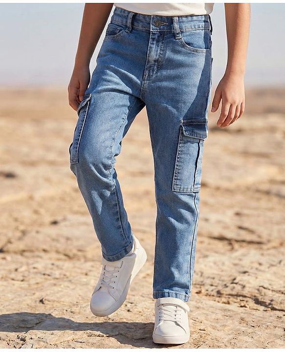 Pine Kids Denim Woven Full Length Washed Jeans With Cargo Pockets - Blue