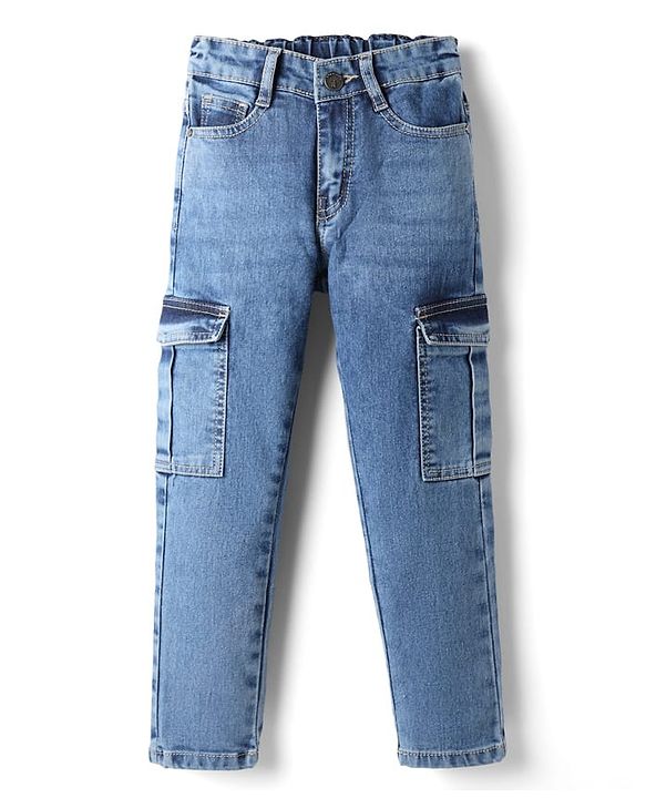 Pine Kids Denim Woven Full Length Washed Jeans With Cargo Pockets - Blue