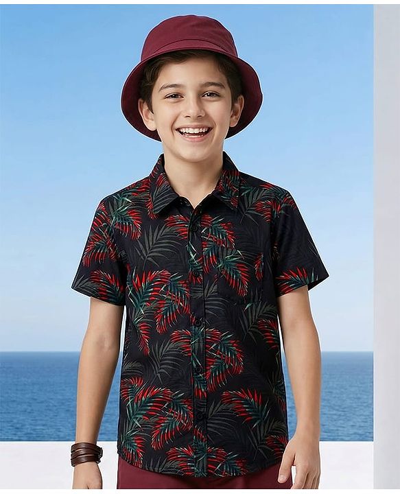 Pine Kids Viscose Woven Half sleeves Shirt With Leaves Print - Multicolour