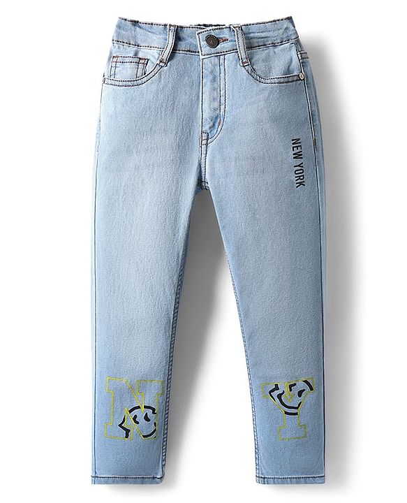 Pine Kids Woven Full Length Washed Denim Jeans With New York Print - Light Blue