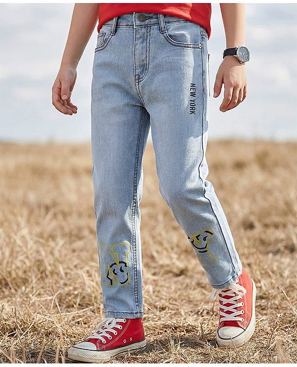 Pine Kids Woven Full Length Washed Denim Jeans With New York Print - Light Blue