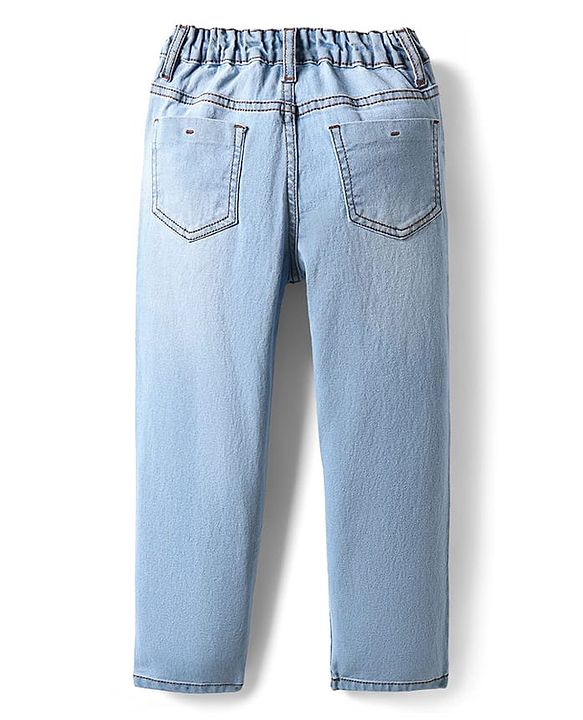 Pine Kids Woven Full Length Washed Denim Jeans With New York Print - Light Blue