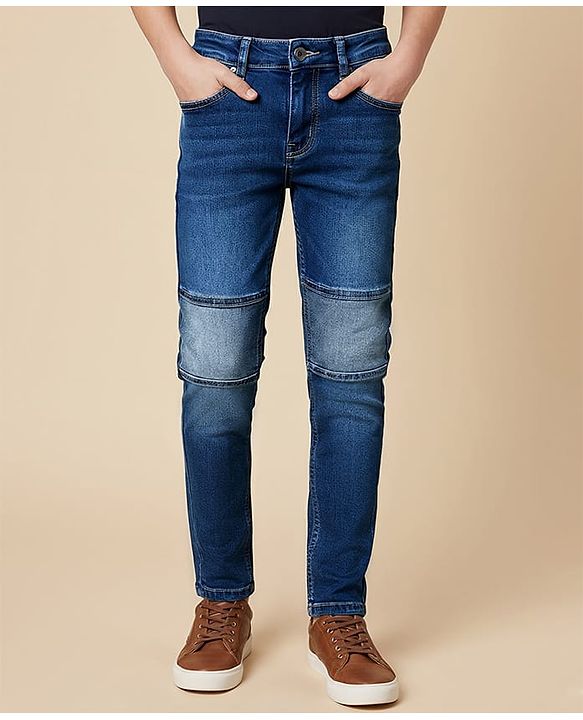 Pine Kids Denim Woven Full Length Washed Jeans With Cut & Sew Design - Navy Blue