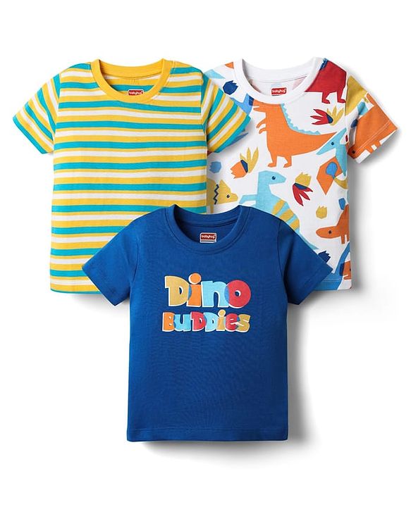 Babyhug Cotton Knit Half Sleeves T-Shirts With Stripes & Animal Print Pack Of 3 - Blue & White