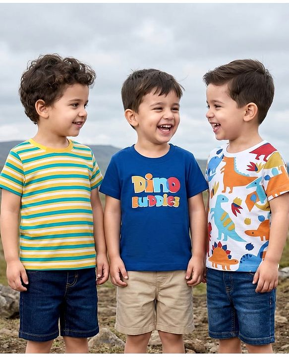 Babyhug Cotton Knit Half Sleeves T-Shirts With Stripes & Animal Print Pack Of 3 - Blue & White