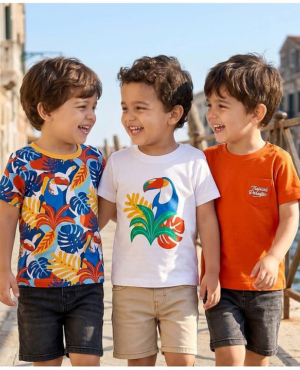 Babyhug Cotton Knit Half Sleeves T-Shirts With Tropical & Animal Print Pack Of 3 - Blue & White