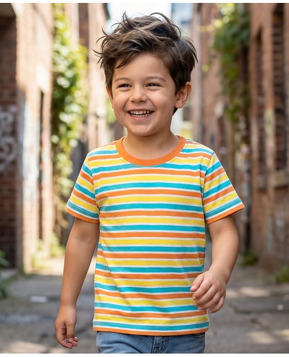 Babyhug Cotton Knit Half Sleeves T-Shirt With Stripes - Orange & Yellow
