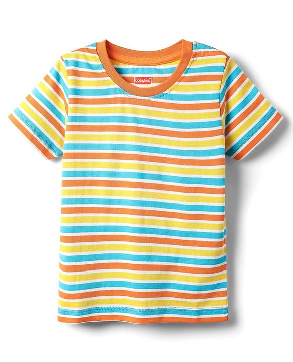 Babyhug Cotton Knit Half Sleeves T-Shirt With Stripes - Orange & Yellow