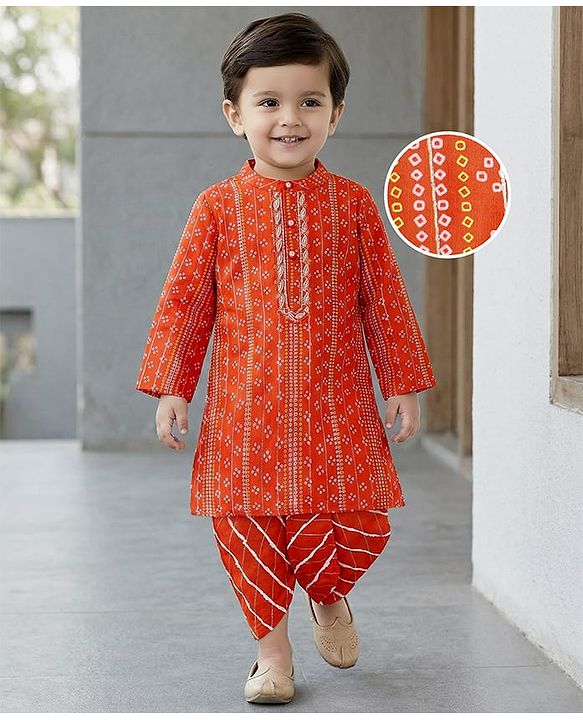 Babyhug Woven Full Sleeves Kurta Dhoti Set With Bandhani Print & Lace Detailing - Coral