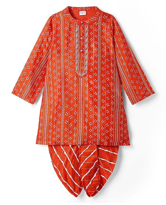 Babyhug Woven Full Sleeves Kurta Dhoti Set With Bandhani Print & Lace Detailing - Coral