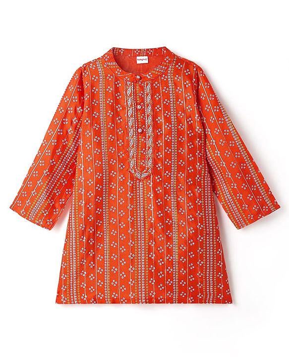 Babyhug Woven Full Sleeves Kurta Dhoti Set With Bandhani Print & Lace Detailing - Coral