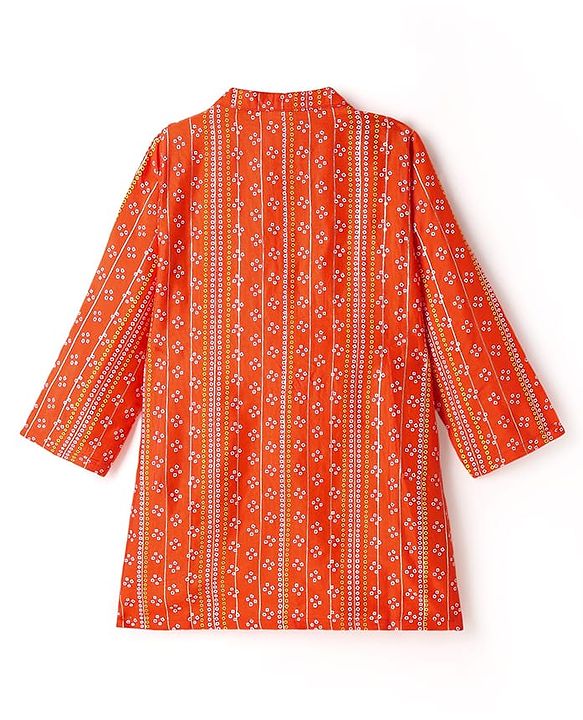 Babyhug Woven Full Sleeves Kurta Dhoti Set With Bandhani Print & Lace Detailing - Coral