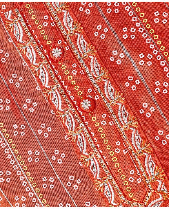 Babyhug Woven Full Sleeves Kurta Dhoti Set With Bandhani Print & Lace Detailing - Coral