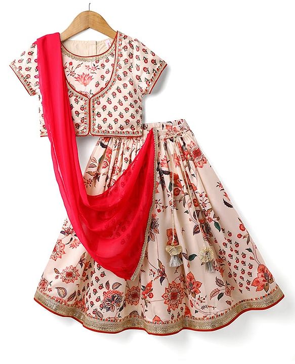 Babyhug Cotton Woven Half Sleeves Choli Lehenga Set with Dupatta Floral Print & Lace Detailing - Offwhite