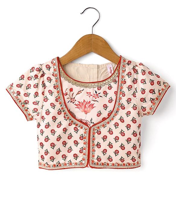 Babyhug Cotton Woven Half Sleeves Choli Lehenga Set with Dupatta Floral Print & Lace Detailing - Offwhite