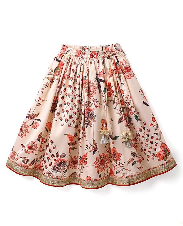 Babyhug Cotton Woven Half Sleeves Choli Lehenga Set with Dupatta Floral Print & Lace Detailing - Offwhite