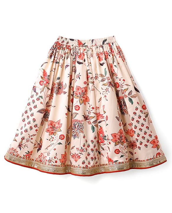 Babyhug Cotton Woven Half Sleeves Choli Lehenga Set with Dupatta Floral Print & Lace Detailing - Offwhite