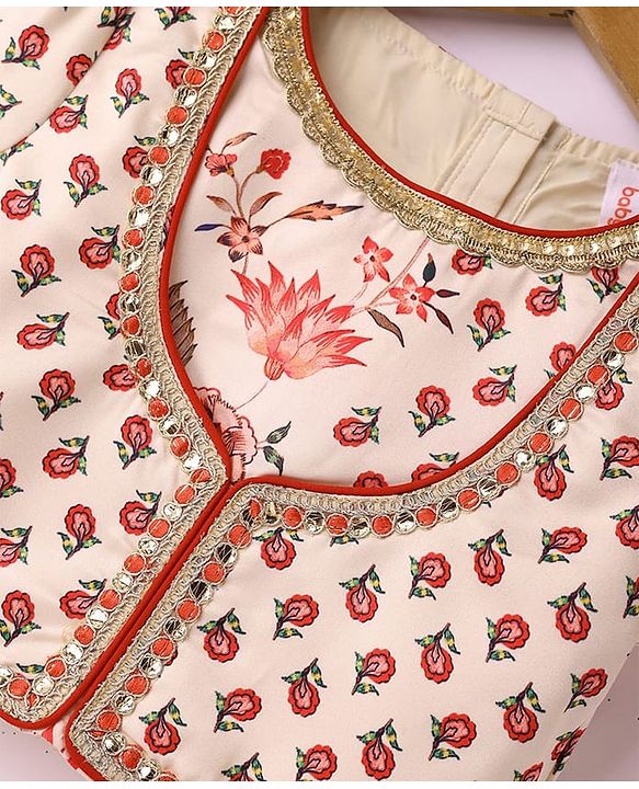 Babyhug Cotton Woven Half Sleeves Choli Lehenga Set with Dupatta Floral Print & Lace Detailing - Offwhite