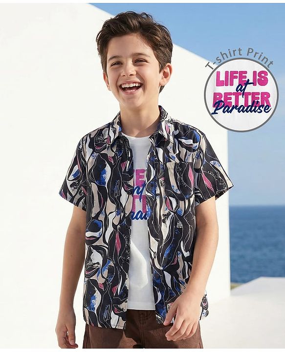 Pine Kids Viscose Woven Half Sleeves Abstract Printed Shirt With Sleeveless Tank T-Shirt With Text Print - Multicolour