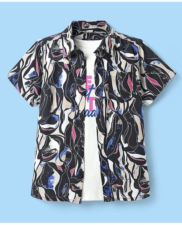 Pine Kids Viscose Woven Half Sleeves Abstract Printed Shirt With Sleeveless Tank T-Shirt With Text Print - Multicolour