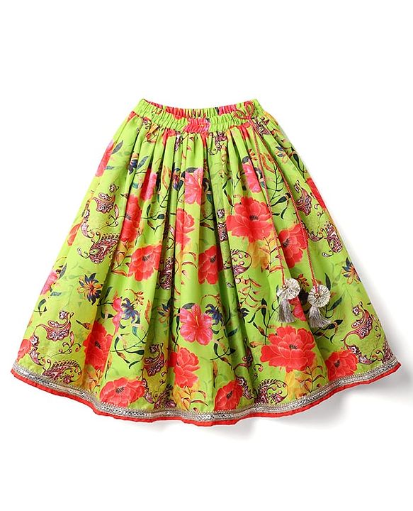 Babyhug Cotton Woven Sleeveless Floral Printed & Embroidered Choli Lehenga Set with Dupatta & Lace Detailing - Limegreen