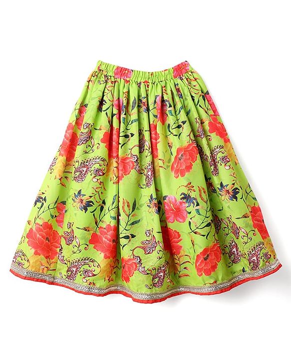 Babyhug Cotton Woven Sleeveless Floral Printed & Embroidered Choli Lehenga Set with Dupatta & Lace Detailing - Limegreen