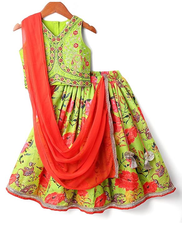 Babyhug Cotton Woven Sleeveless Floral Printed & Embroidered Choli Lehenga Set with Dupatta & Lace Detailing - Limegreen