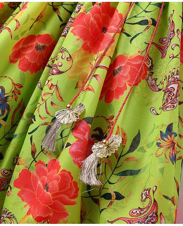 Babyhug Cotton Woven Sleeveless Floral Printed & Embroidered Choli Lehenga Set with Dupatta & Lace Detailing - Limegreen