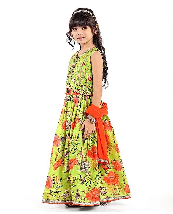 Babyhug Cotton Woven Sleeveless Floral Printed & Embroidered Choli Lehenga Set with Dupatta & Lace Detailing - Limegreen