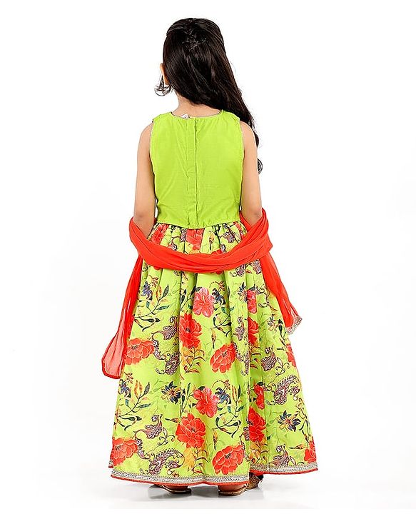Babyhug Cotton Woven Sleeveless Floral Printed & Embroidered Choli Lehenga Set with Dupatta & Lace Detailing - Limegreen