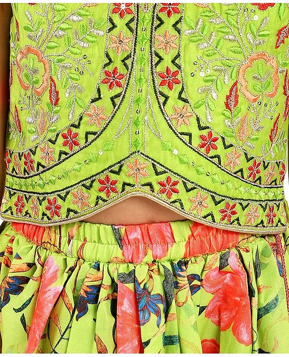 Babyhug Cotton Woven Sleeveless Floral Printed & Embroidered Choli Lehenga Set with Dupatta & Lace Detailing - Limegreen