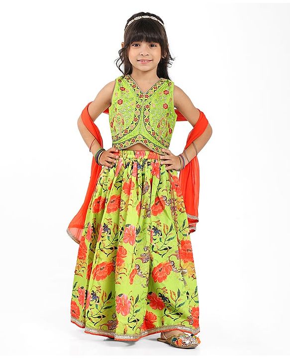 Babyhug Cotton Woven Sleeveless Floral Printed & Embroidered Choli Lehenga Set with Dupatta & Lace Detailing - Limegreen