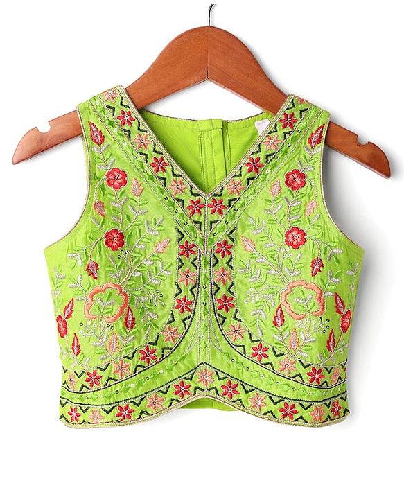 Babyhug Cotton Woven Sleeveless Floral Printed & Embroidered Choli Lehenga Set with Dupatta & Lace Detailing - Limegreen
