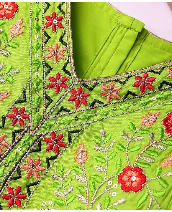 Babyhug Cotton Woven Sleeveless Floral Printed & Embroidered Choli Lehenga Set with Dupatta & Lace Detailing - Limegreen