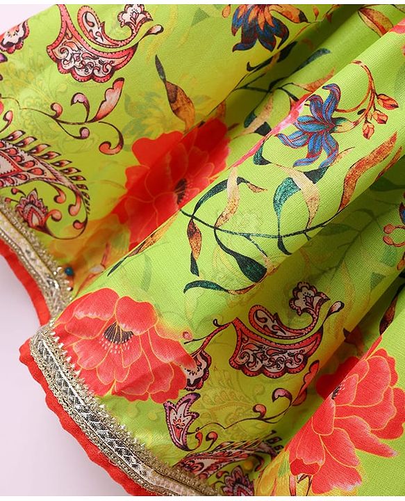 Babyhug Cotton Woven Sleeveless Floral Printed & Embroidered Choli Lehenga Set with Dupatta & Lace Detailing - Limegreen