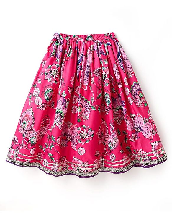 Babyhug Woven Frill Sleeves Choli Lehenga Set And Dupatta With Floral  Print & Embroidery with Lace Detailing - Purple & Dark Pink