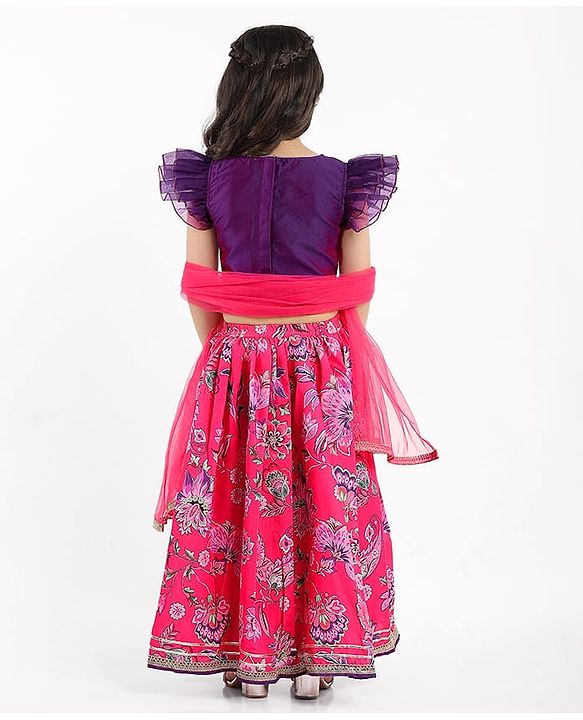 Babyhug Woven Frill Sleeves Choli Lehenga Set And Dupatta With Floral  Print & Embroidery with Lace Detailing - Purple & Dark Pink