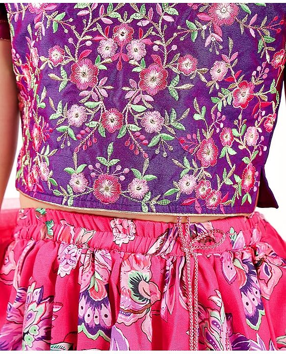 Babyhug Woven Frill Sleeves Choli Lehenga Set And Dupatta With Floral  Print & Embroidery with Lace Detailing - Purple & Dark Pink