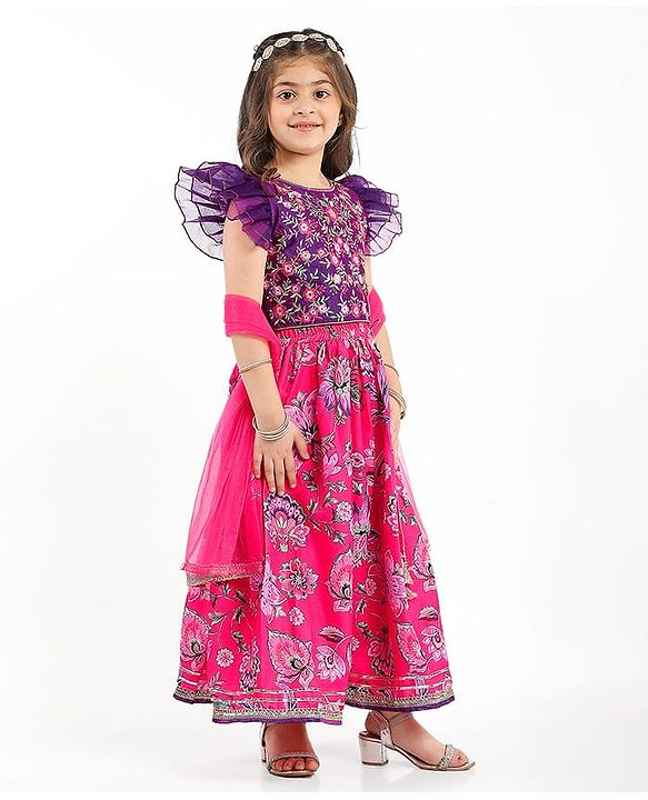 Babyhug Woven Frill Sleeves Choli Lehenga Set And Dupatta With Floral  Print & Embroidery with Lace Detailing - Purple & Dark Pink