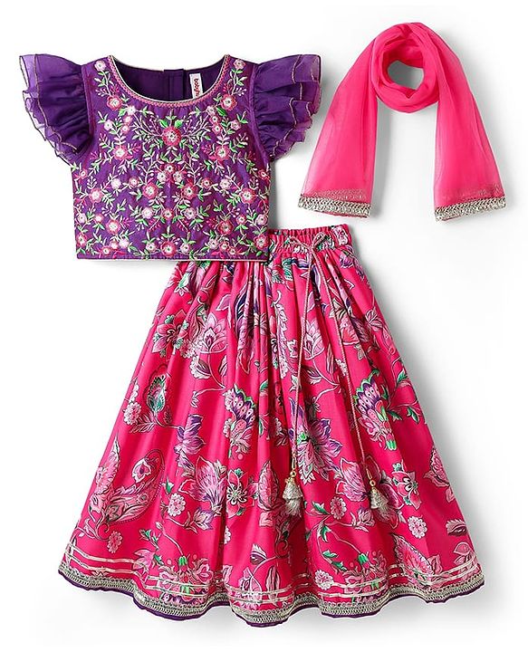 Babyhug Woven Frill Sleeves Choli Lehenga Set And Dupatta With Floral  Print & Embroidery with Lace Detailing - Purple & Dark Pink