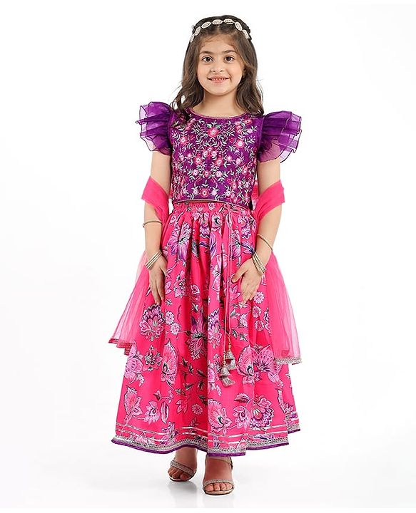 Babyhug Woven Frill Sleeves Choli Lehenga Set And Dupatta With Floral  Print & Embroidery with Lace Detailing - Purple & Dark Pink