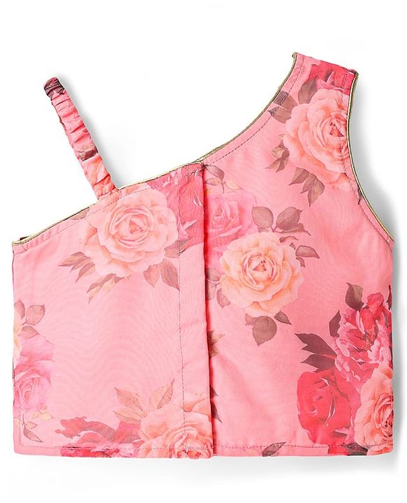 Babyhug Woven Sleeveless Choli Lehenga Set & Dupatta With Floral Embroidery & Lace Detailing - Pink