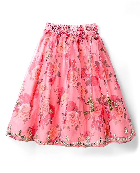 Babyhug Woven Sleeveless Choli Lehenga Set & Dupatta With Floral Embroidery & Lace Detailing - Pink